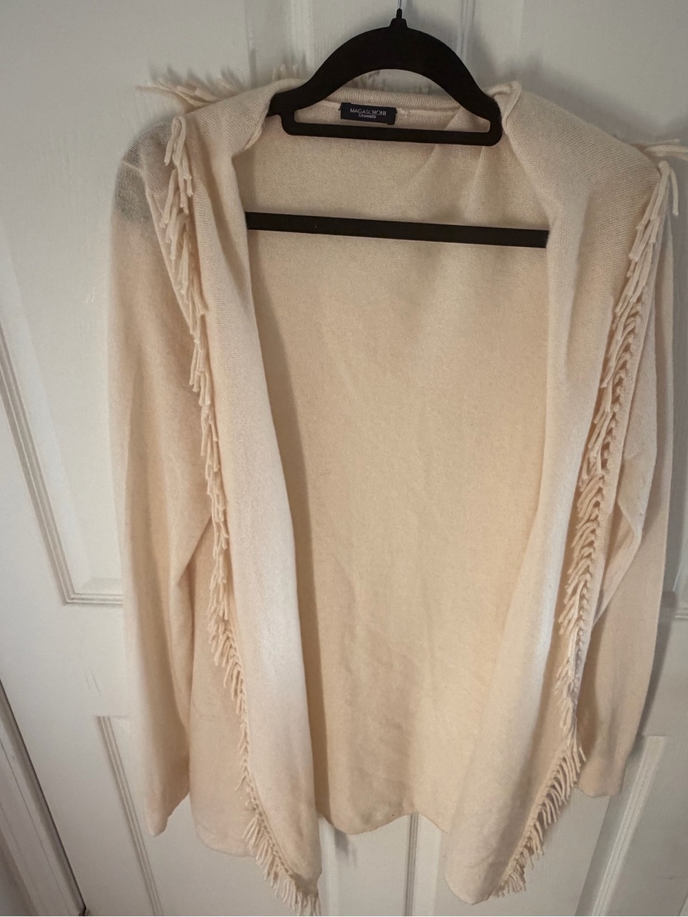 Magaschoni Cream Hooded Open-Front Cardigan with Fringe